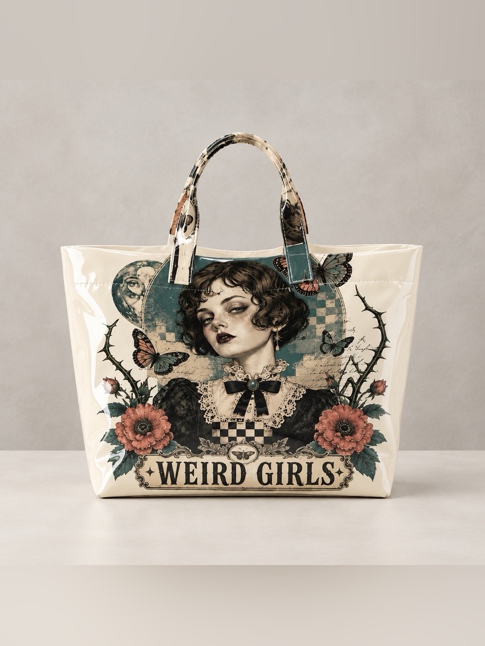 WEIRD GIRLS Gothic Illustration Glossy Vinyl Tote/Hand Bag in Cream/Teal NWOT